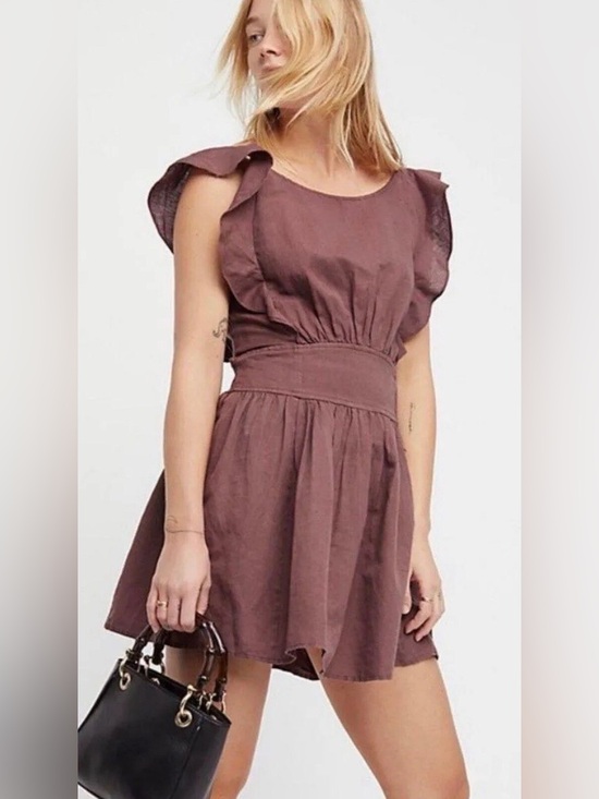 Free People Dresses & Skirts - Free People Erin Skater Linen Blend Open Tie Back Mini Dress Brown Medium